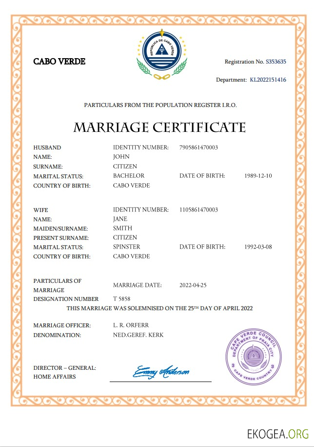 Modèle Word et PDF d'acte de mariage au Cap Vert